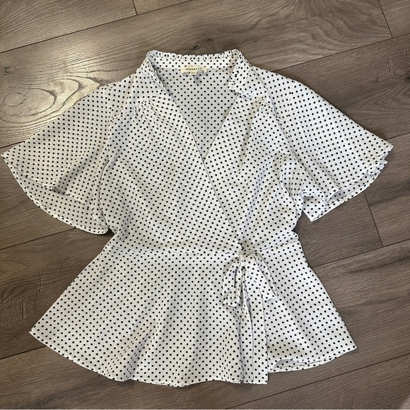Monteau Tops - Monteau Polka Dot white and black Faux Wrap Shirt Top Blouse size Large